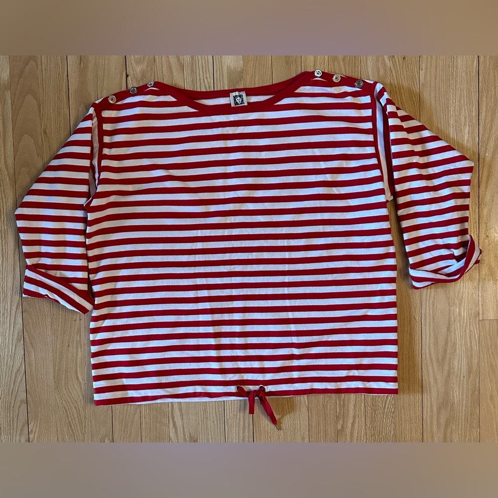 Anne Klein Red White Striped Boatneck Pullover 3/4 Sleeve Drawstring Top, Sz 1X
